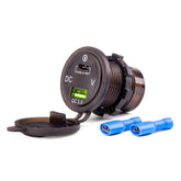 Waterdichte telefoonlader met USB, USB-C en digitale voltmeter