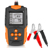 12V/24V accutester met LCD-scherm en klemmen voor accusystemen.