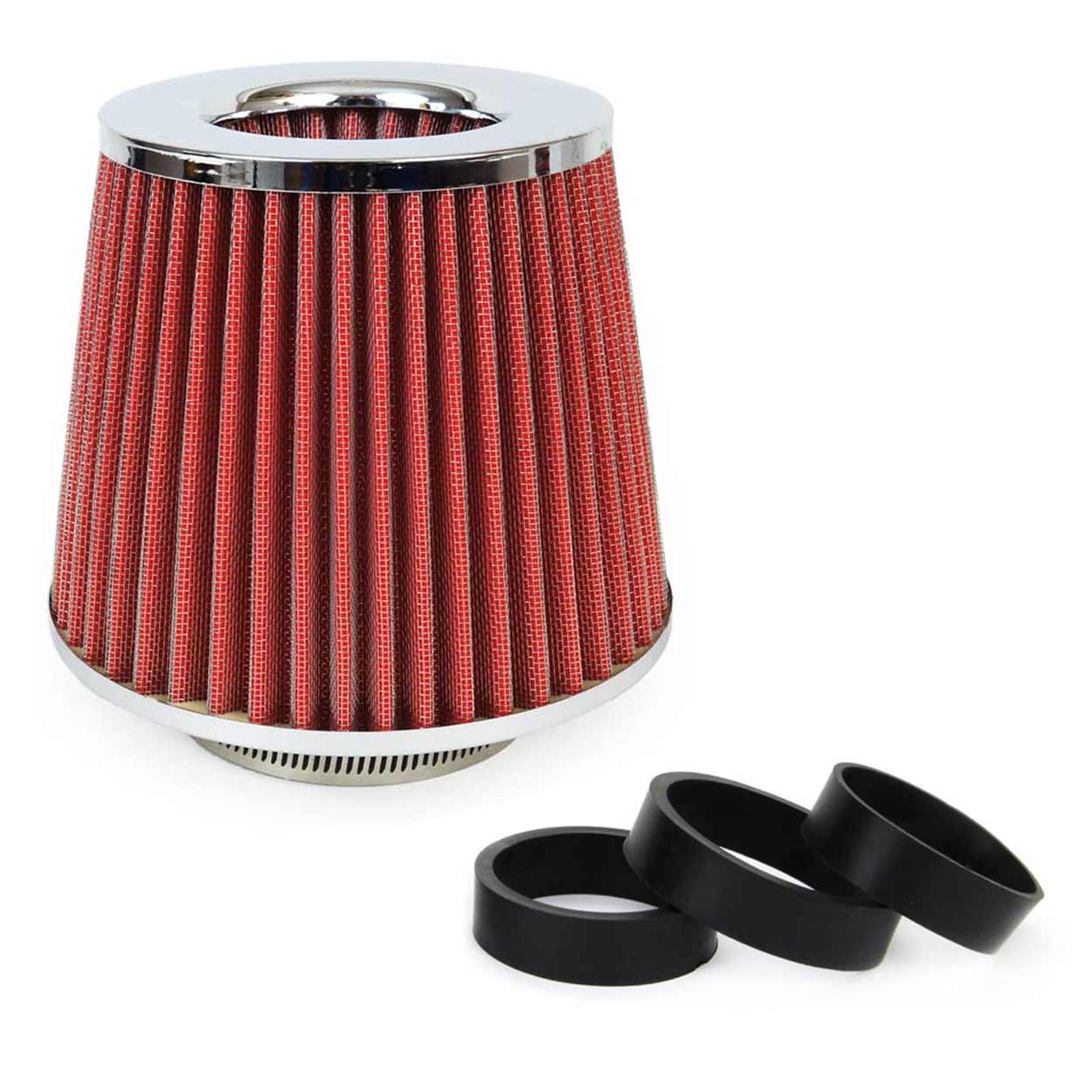 Conisch luchtfilter voor auto in rood en chroom