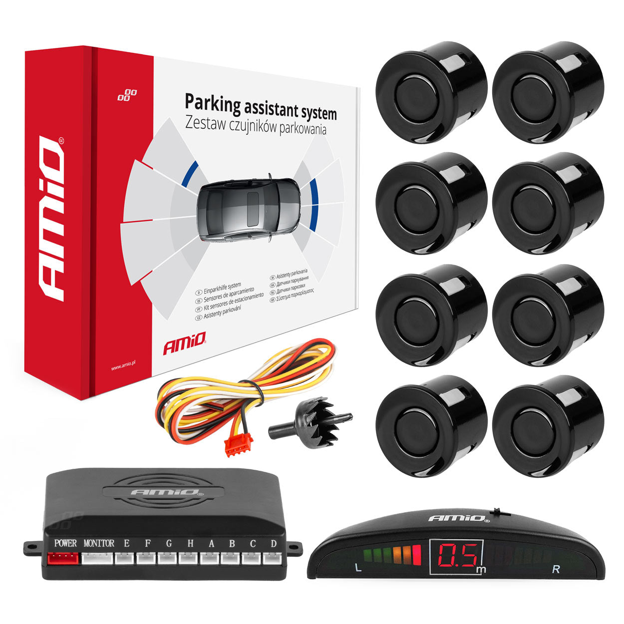 Parkeerhulpsysteem met LED-display en 8 zwarte sensoren