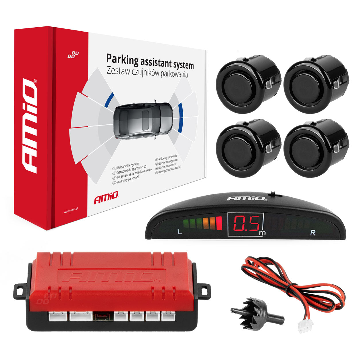Parkeersensoren met 4 zwarte GOLD-sensoren en LED-indicator
