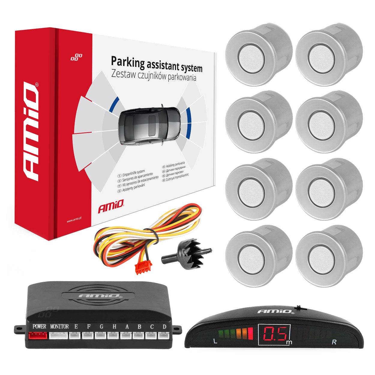 Parkeersensor met 8 zilverkleurige sensoren en LED-indicator
