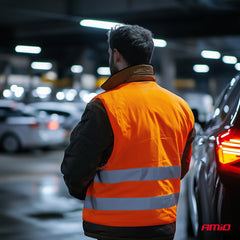 Oranje XL veiligheidsvest met reflecterende banden, vooraanzicht