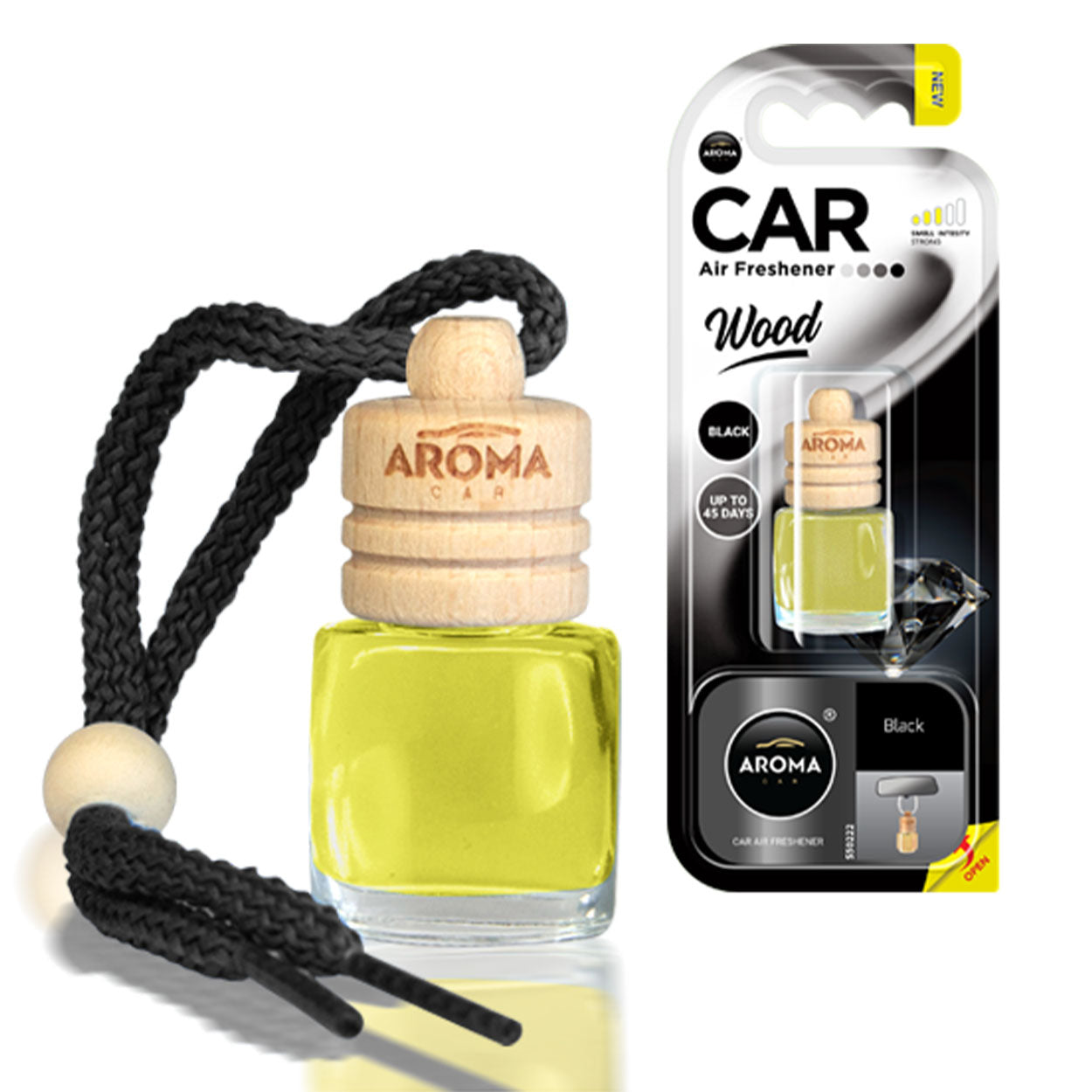 Aroma Wood Black geurverfrisser voor in de auto met glazen flesje en houten dop