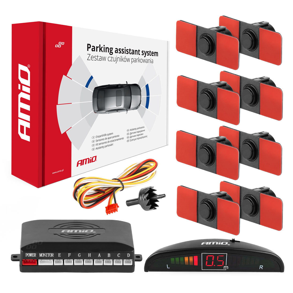 Parkeringsassistentsystem med 8 sorte sensorer og LED-display