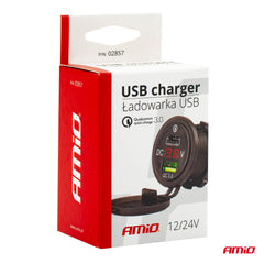 Waterdichte telefoonlader met USB, USB-C en digitale voltmeter