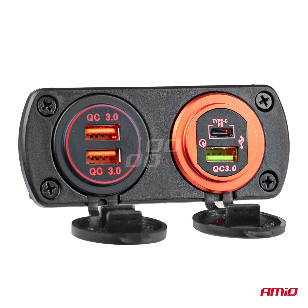 Waterdichte telefoonlader met USB, USB-C en digitale voltmeter