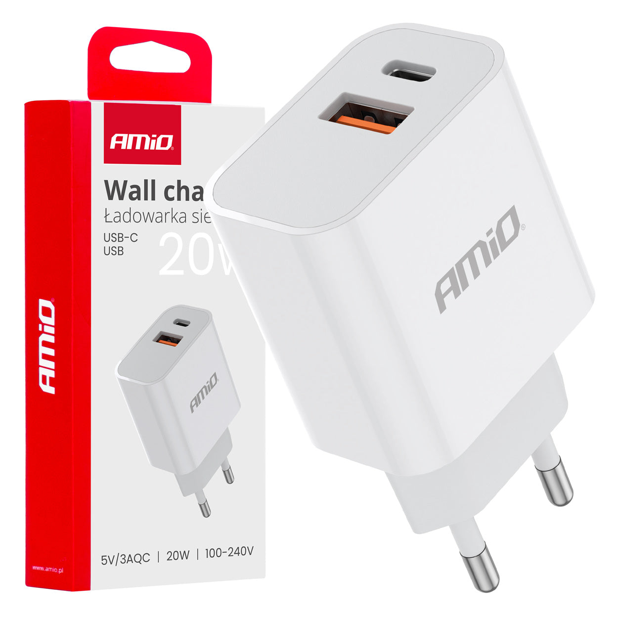 Witte wandlader met USB-C en USB-A voor 20W snelladen