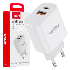 Witte wandlader met USB-C en USB-A voor 20W snelladen