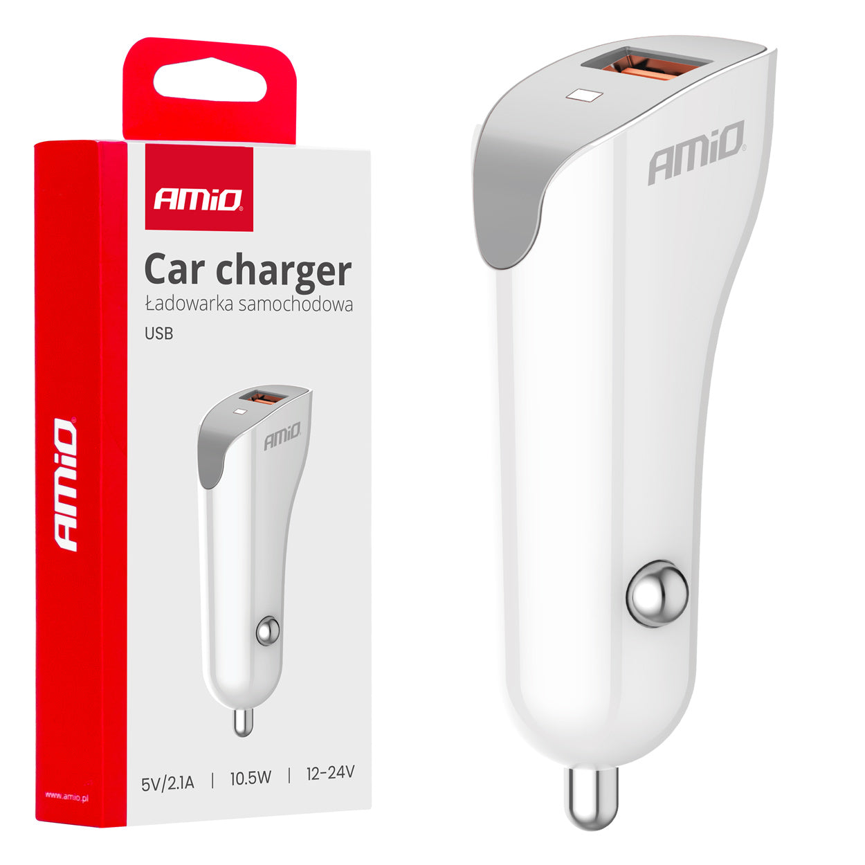 Hvid USB-biloplader med USB-A-port
