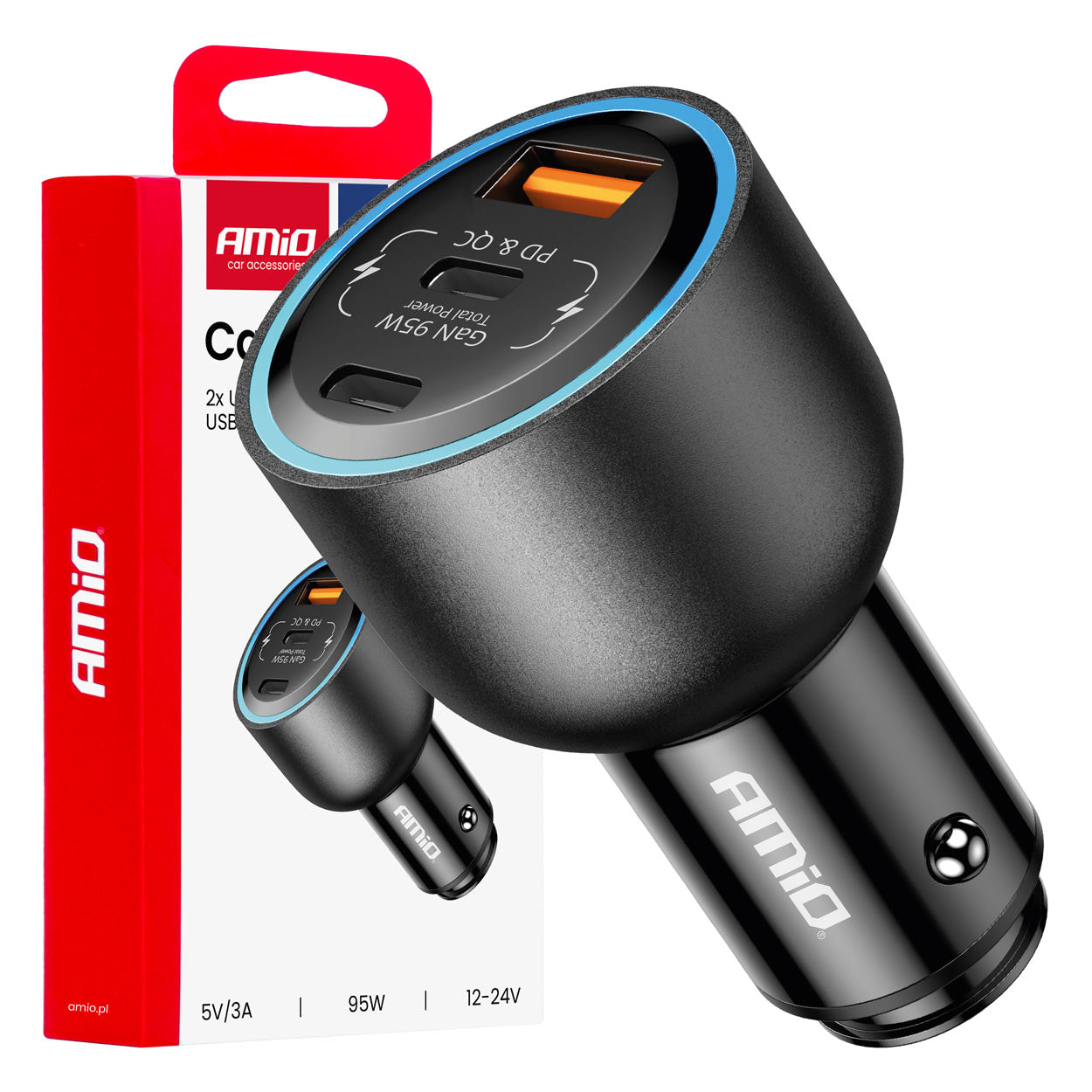 Biloplader med 2x USB-C og 1x USB-A, 12/24V og 95W