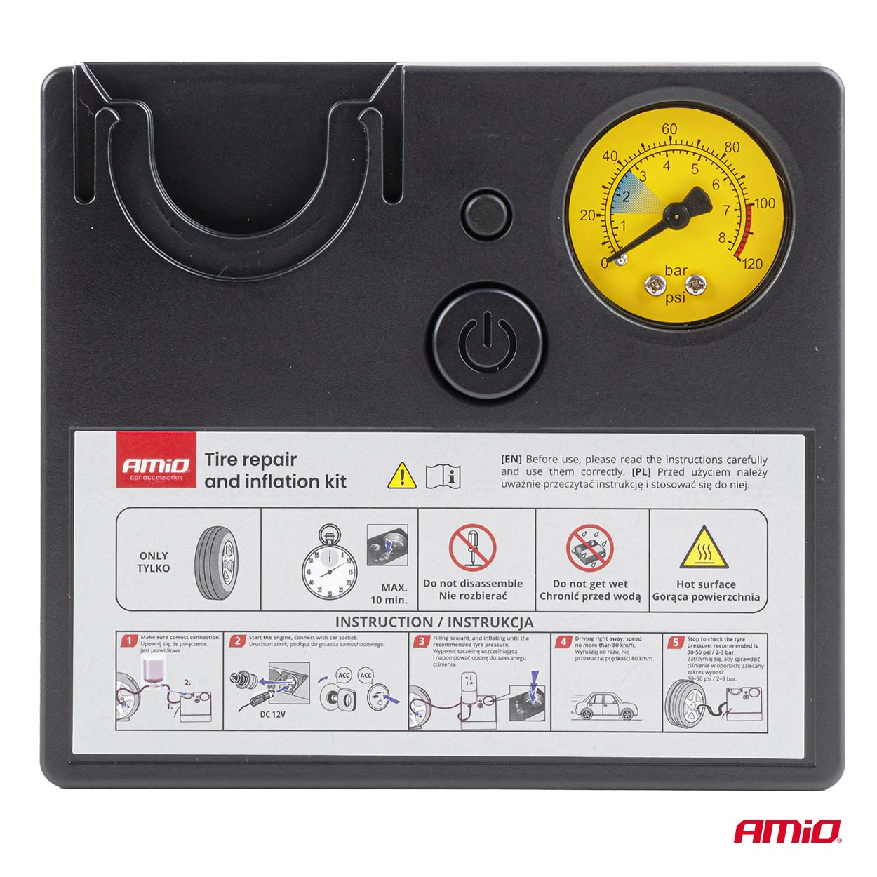 12V-compressor met drukmeter voor autobanden