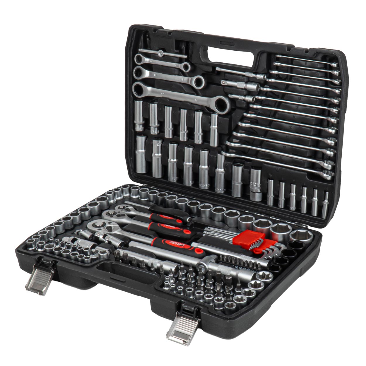 Gereedschapsset met bits, dopsleutels en ratels in koffer
