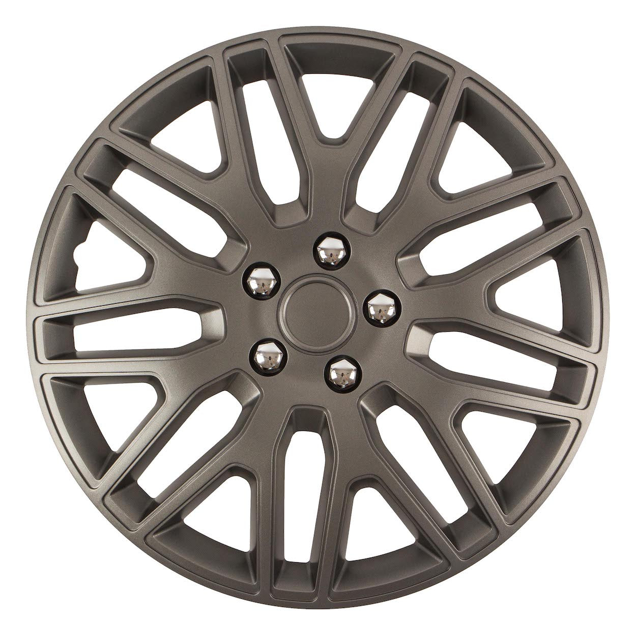 DAKAR NC wieldop in grafiet voor 15-inch stalen velg met chromen moerdetails