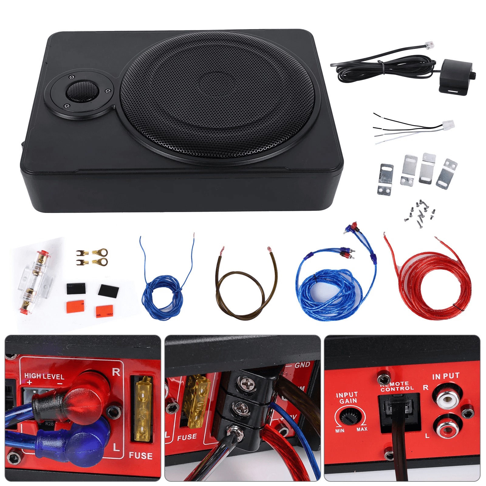 10” slanke actieve subwoofer voor de auto – 600W onder de stoel met accessoires en installatiemogelijkheden