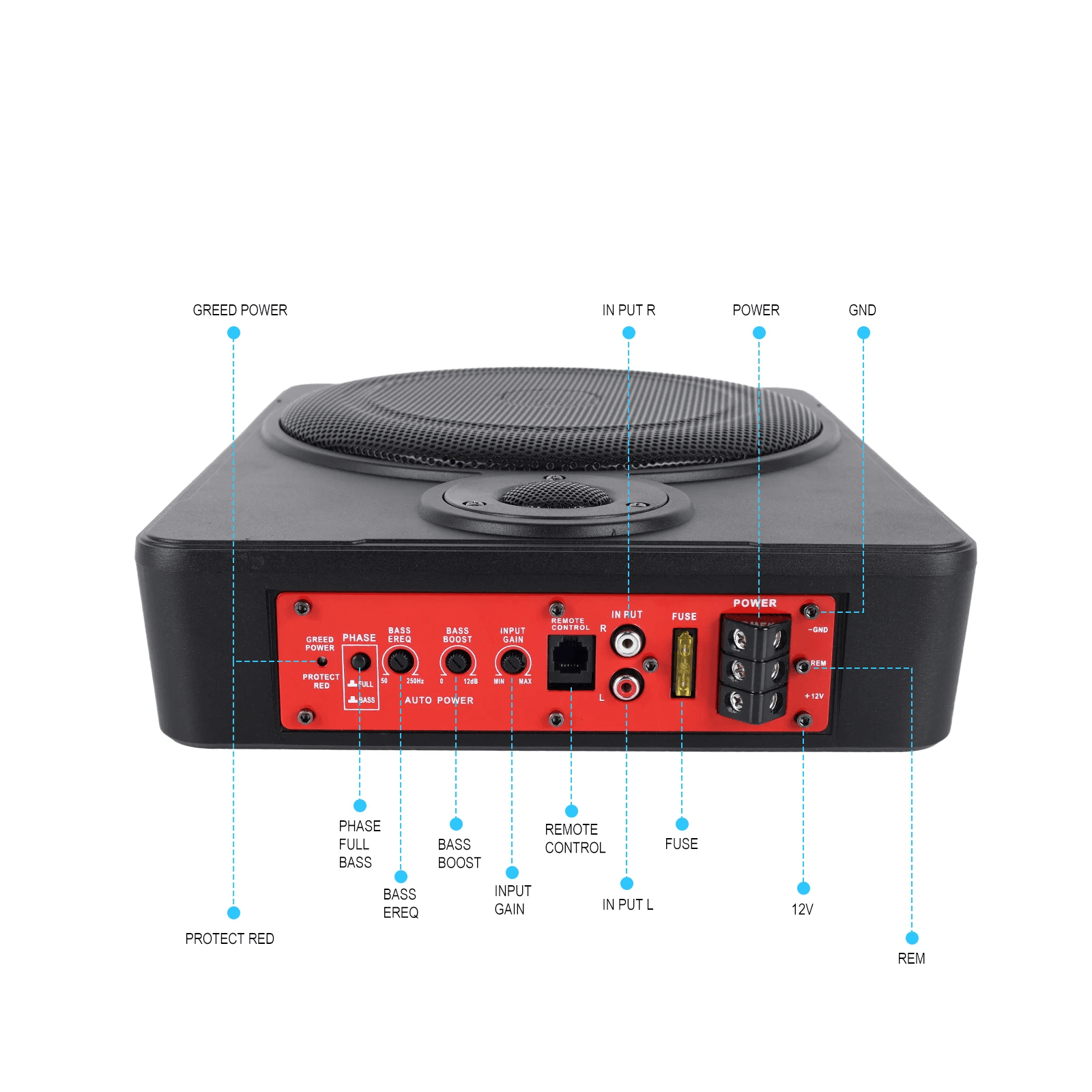 10” slanke actieve subwoofer voor de auto – 600W onder de stoel, weergave van aansluitingen en bediening aan de achterzijde.