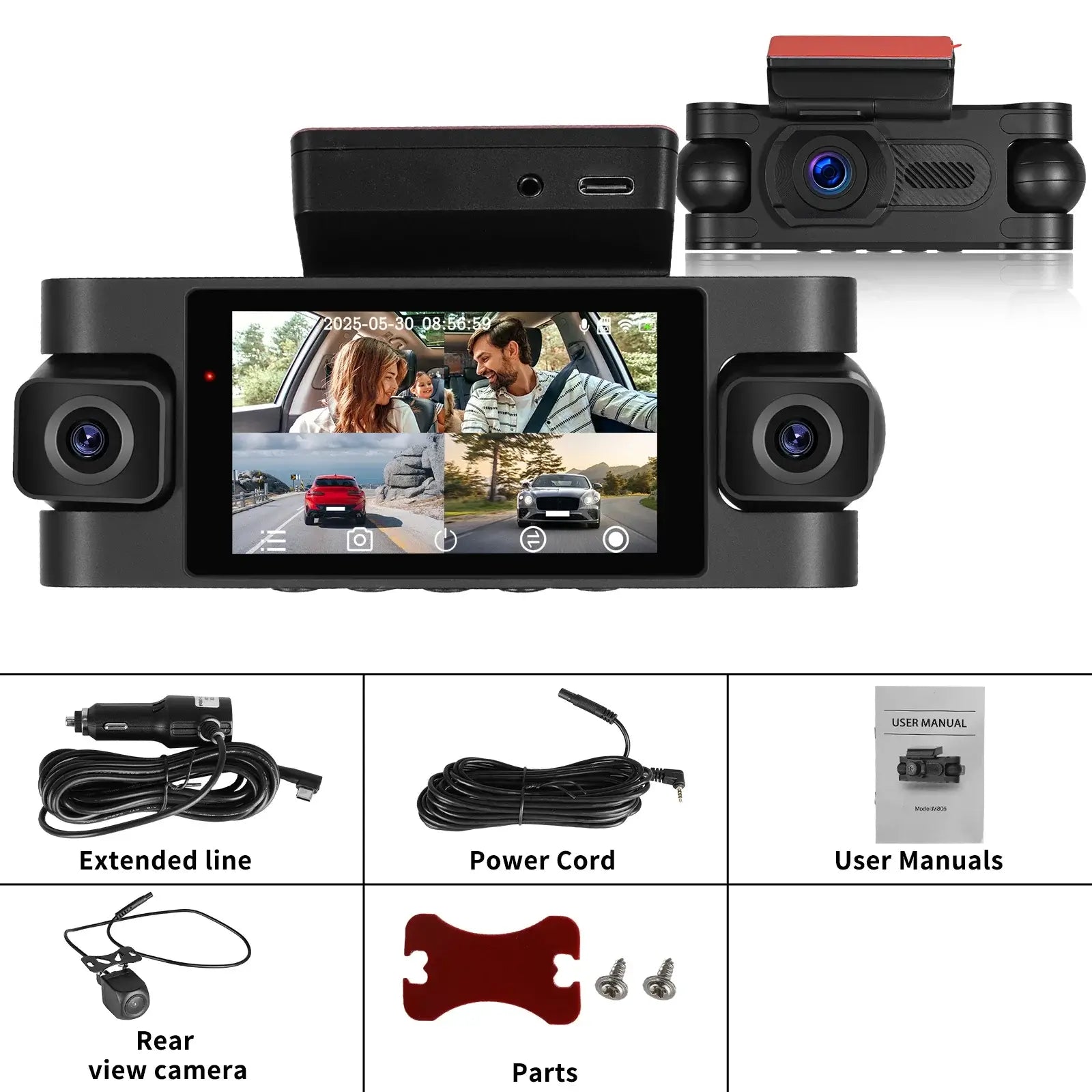4-lens 2K dashcam met touchscreen en 360° bewaking met twee camera's en touchscreen in gebruik.