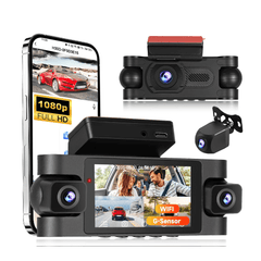 4-lens 2K dashcam met touchscreen en 360° bewaking met meerdere camera's en smartphoneverbinding.