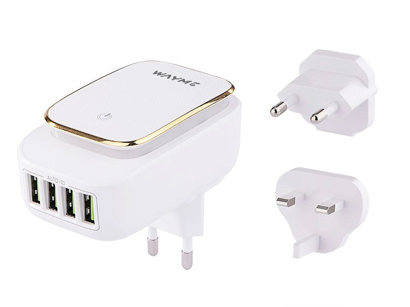 WAYME reisoplader met 4 USB-A, LED-licht en stekkers voor EU, UK en USA