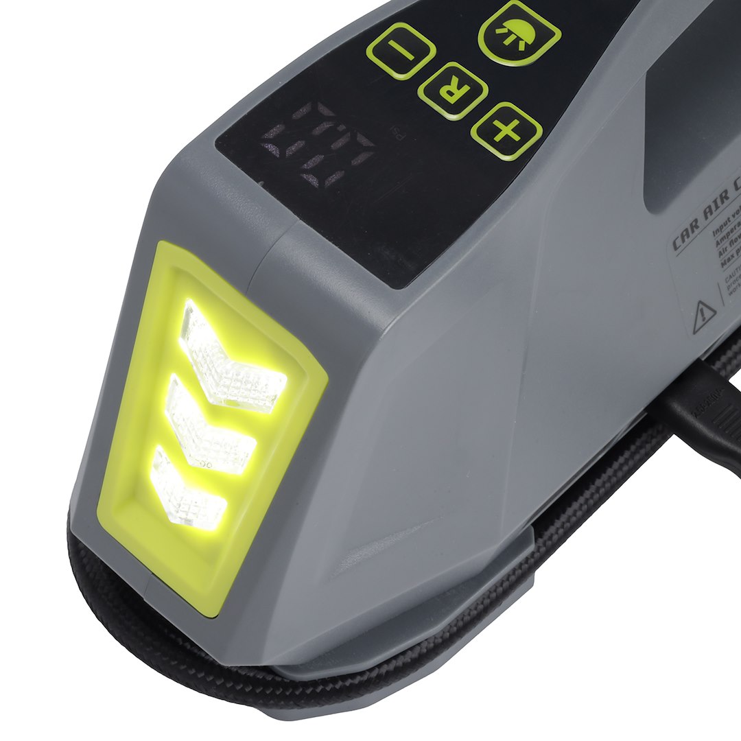 Compacte luchtcompressor voor 12V en 230V met LED-zaklamp