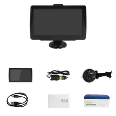 7" GPS-scherm – EU-navigatie, FM-radio en media-afspelen met accessoires, waaronder kabel en houder.