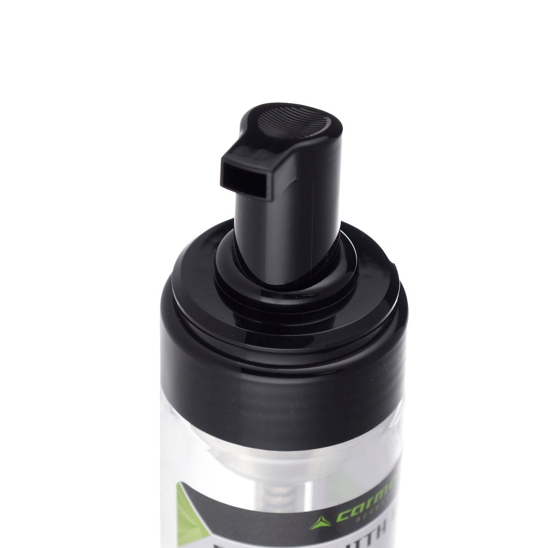 Transparante schuimfles met zwarte pomp en dop, 150 ml