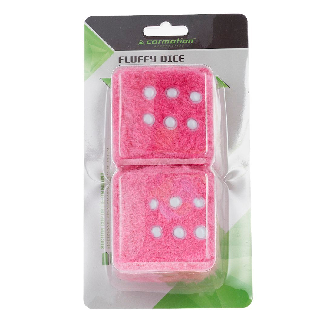 Roze pluchen dobbelstenen voor in de auto met koord om op te hangen