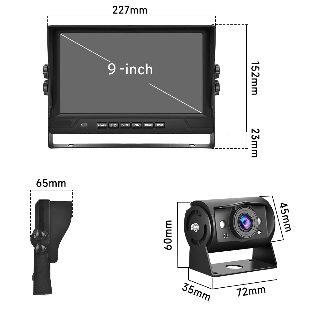 Achteruitrijcamerasysteem met 9" scherm en 4 camera's, inclusief 9" IPS-scherm en afmetingen van de camera's