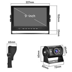 Achteruitrijcamerasysteem met 9" scherm en 4 camera's, inclusief 9" IPS-scherm en afmetingen van de camera's