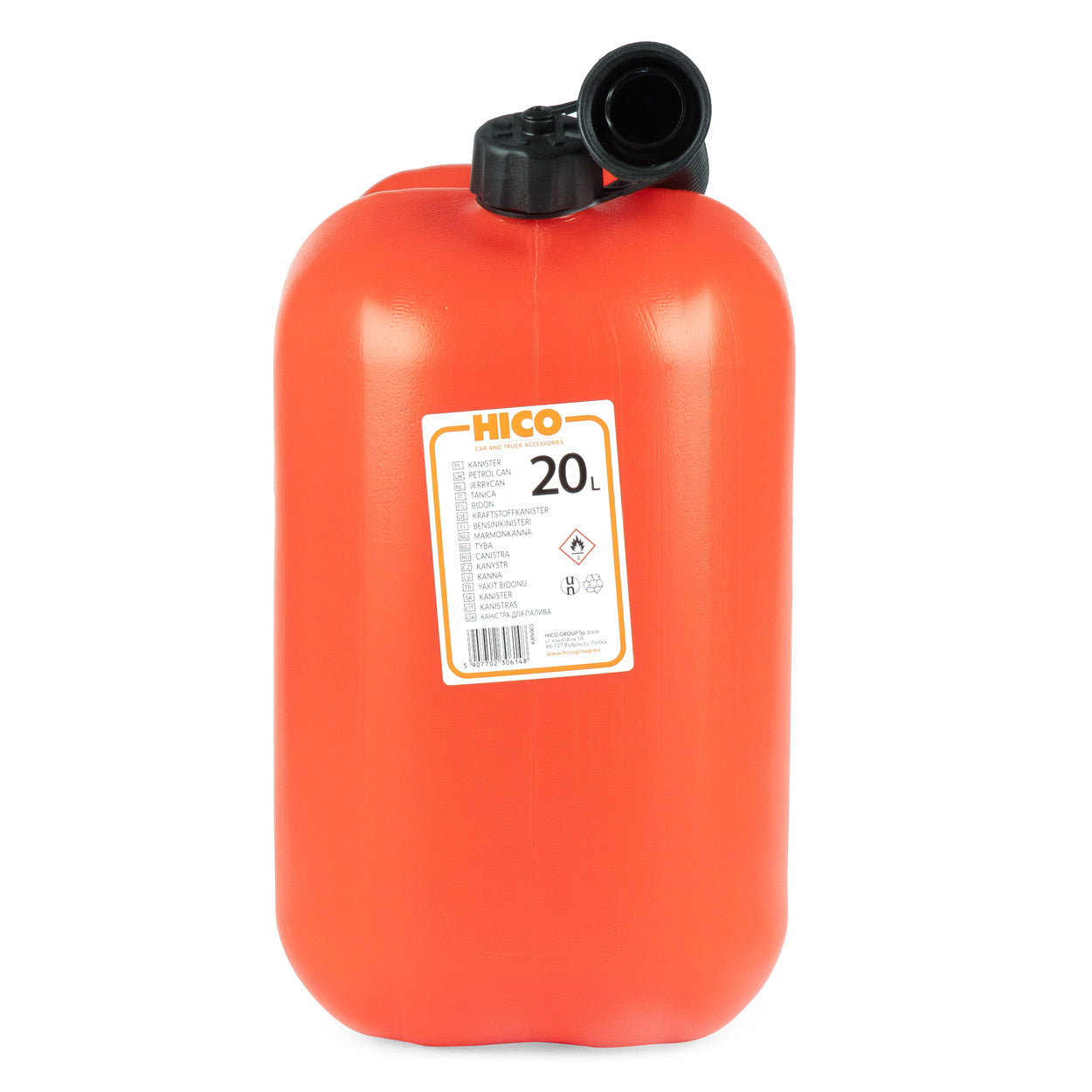 Rode kunststof jerrycan van 20 liter met trechter