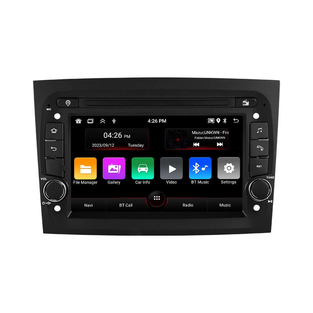 Fiat Doblo 15-20 – 7" radio met Apple CarPlay en Android Auto, met een moderne interface en functies.