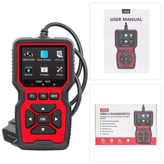 OBD2 foutcodelezer – Professionele autoscanner voor diagnose en storingsopsporing met handleiding en verpakking.