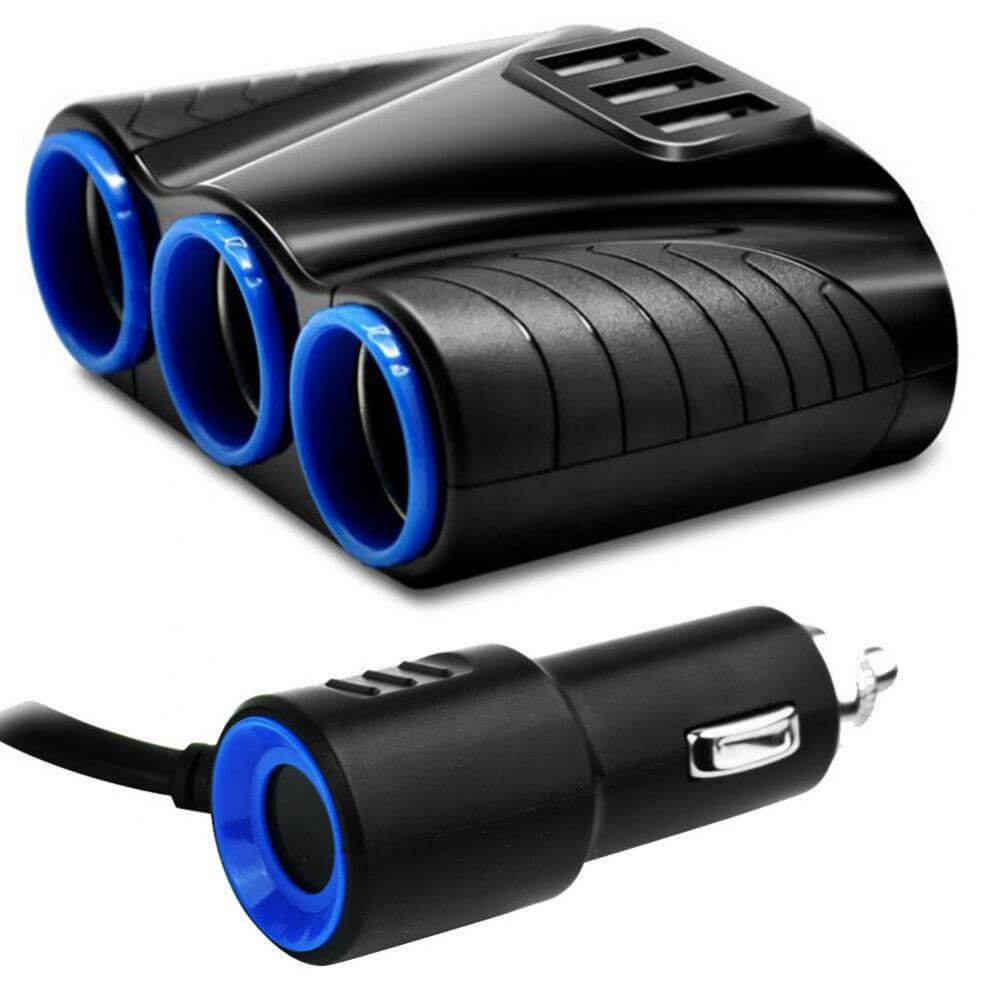 3-weg sigarettenaansteker splitter met 3x USB – 12V / 24V stroomverdeler voor auto's, ideaal voor meerdere apparaten.