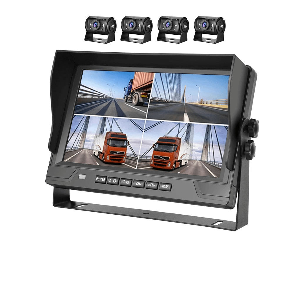Achteruitrijcamerasysteem met 9" scherm en 4 camera's toont een helder beeld van 4 bewakingscamera's.