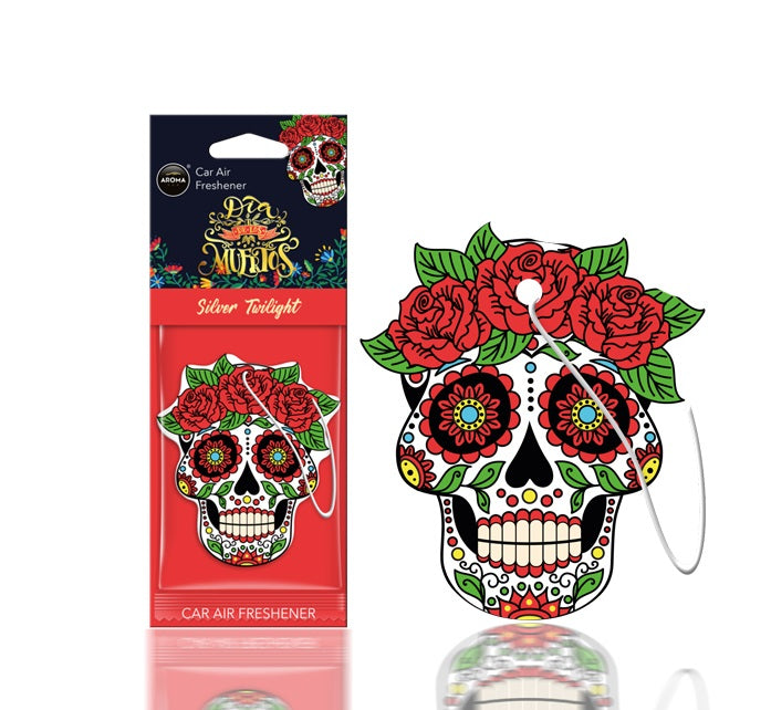 Luchtverfrisser voor in de auto met Dia de los Muertos Silver Tatoo-design