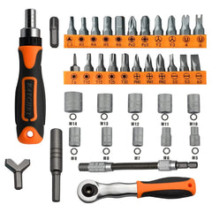38-in-1 schroevendraaierset met ratel – dopsleutels, bits en flexibele verlenger 