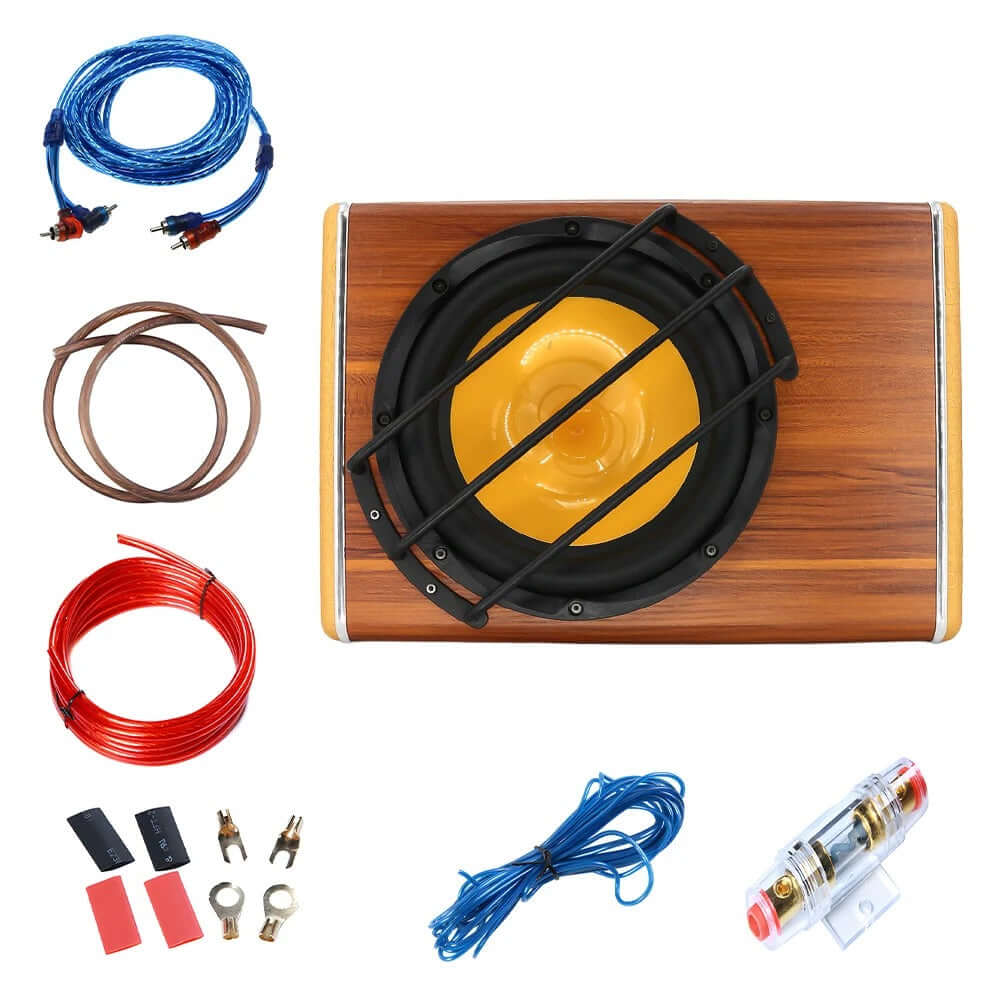 Auto subwoofer 200W RMS – kofferbakbas 3800W met accessoires en kabels voor installatie.
