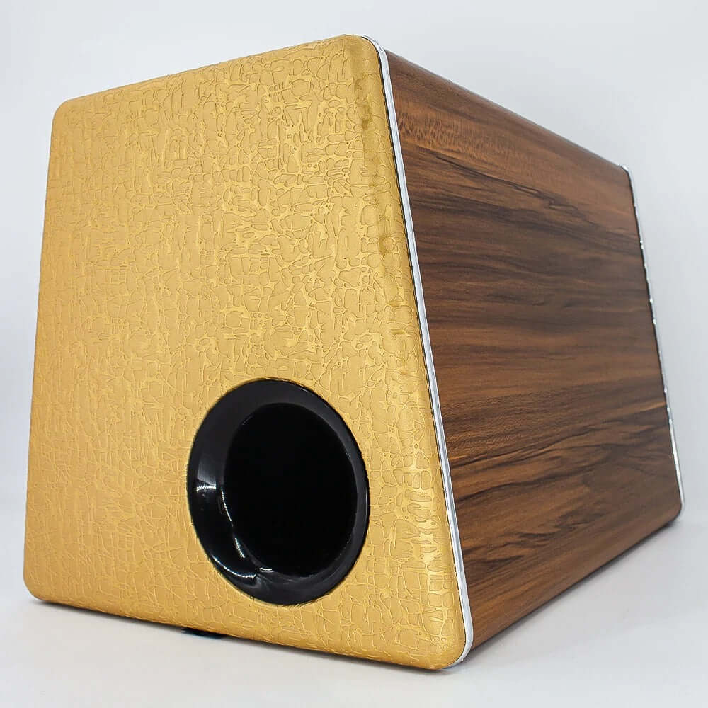 Auto subwoofer 200W RMS – kofferbakbas 3800W met een fraai vormgegeven behuizing in houtlook en gouden afwerking.