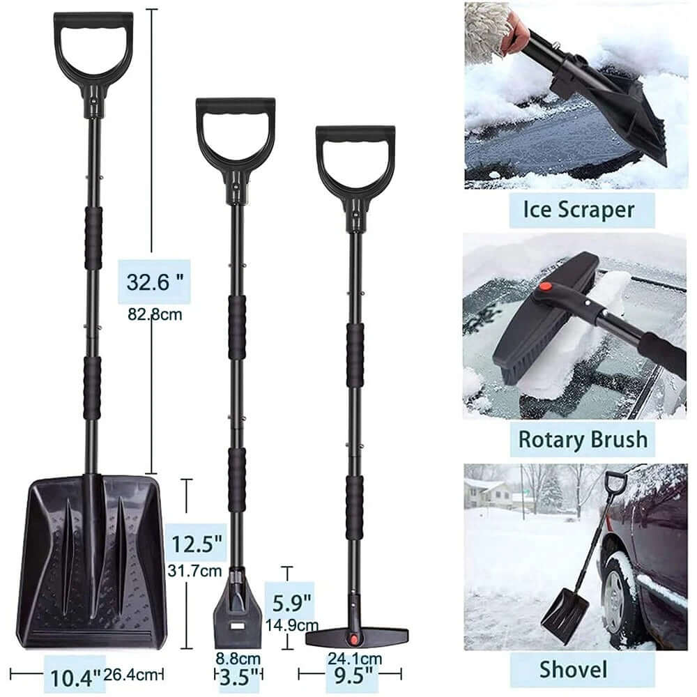 3-in-1 winterset met schep, schraper en borstel voor het efficiënt verwijderen van sneeuw en ijs van de auto.