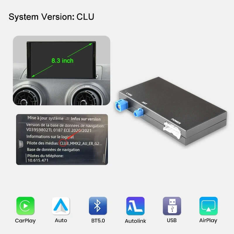 Draadloze Apple CarPlay & Android Auto voor Audi A3 en Q2 (2012–2020) – Origineel scherm, systeeminformatie en apparaat