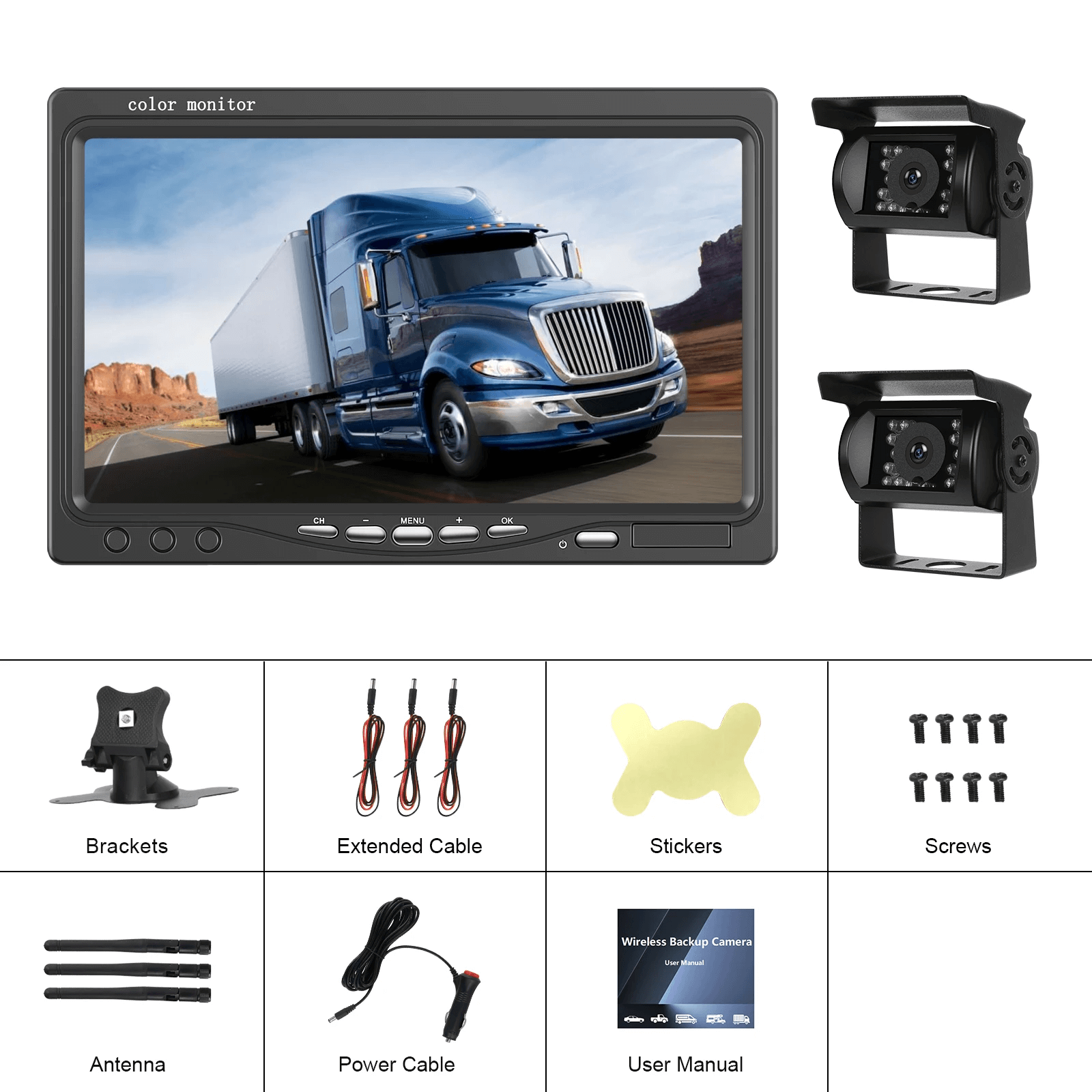 Draadloze achteruitrijcameraset met 7" IPS-scherm en 2 camera's – 1080P AHD, inclusief monitor en 2 camera's voor veilig parkeren.