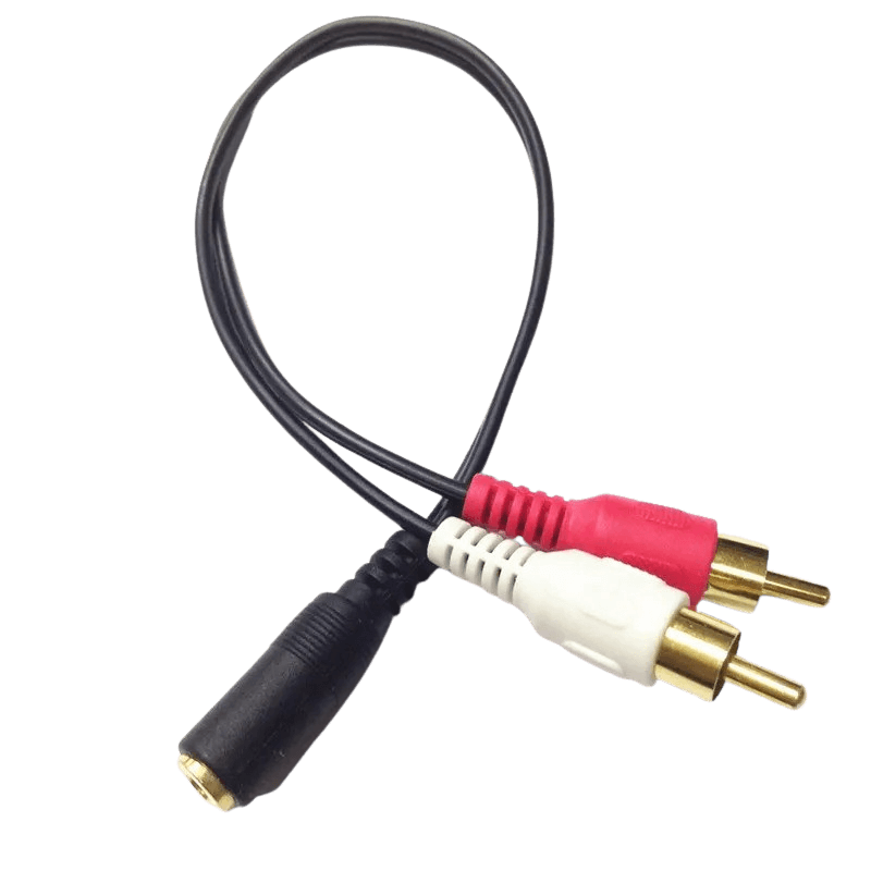 RCA naar 3,5 mm AUX-splitter – male (rood/wit) naar female (jack) kabel voor audioverbinding.
