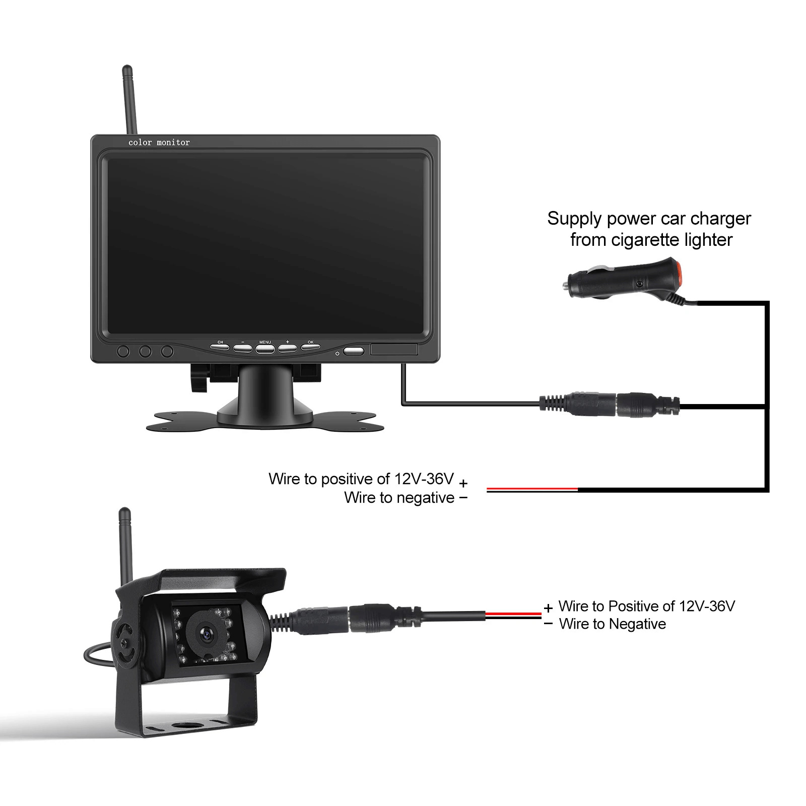 Draadloze achteruitrijcamera met scherm – 7” monitor voor auto, bestelwagen & trailer - installatiehandleiding met monitor- en cameraschema